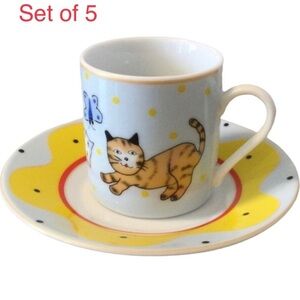 Espresso Demitasse Cups Set of Five Saucer Classic Coffee Cat Kitten Flower